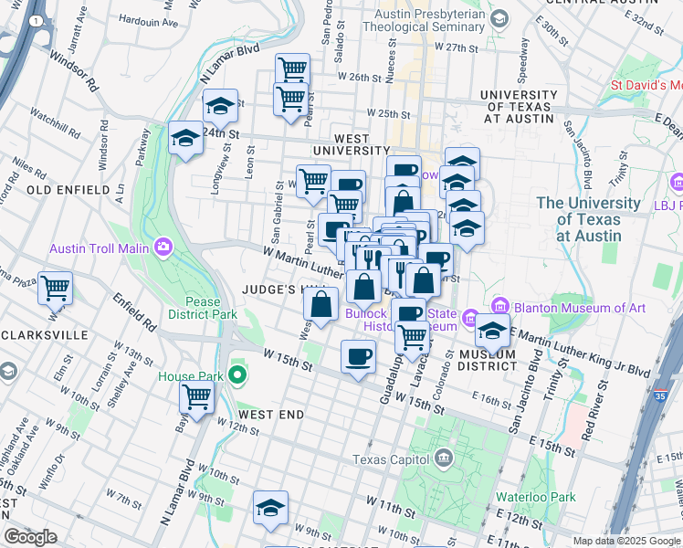 map of restaurants, bars, coffee shops, grocery stores, and more near 1801 Rio Grande St in Austin