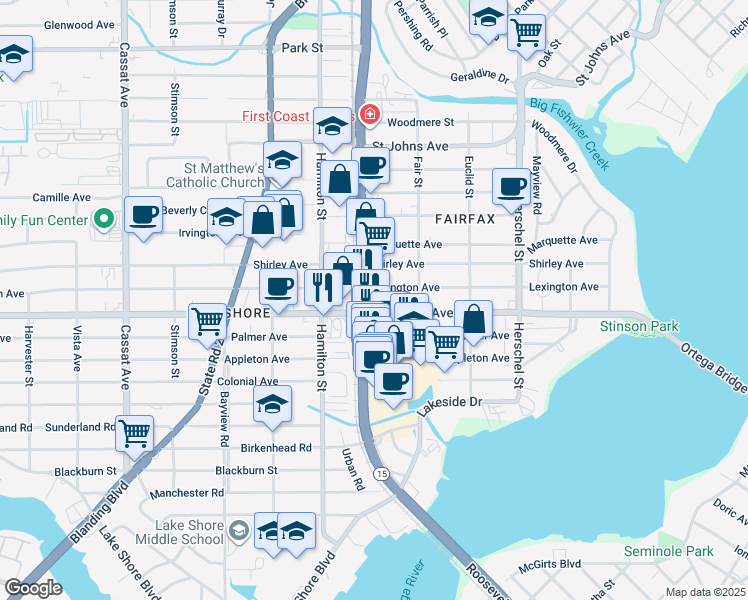 map of restaurants, bars, coffee shops, grocery stores, and more near 2241 Roosevelt Boulevard in Jacksonville