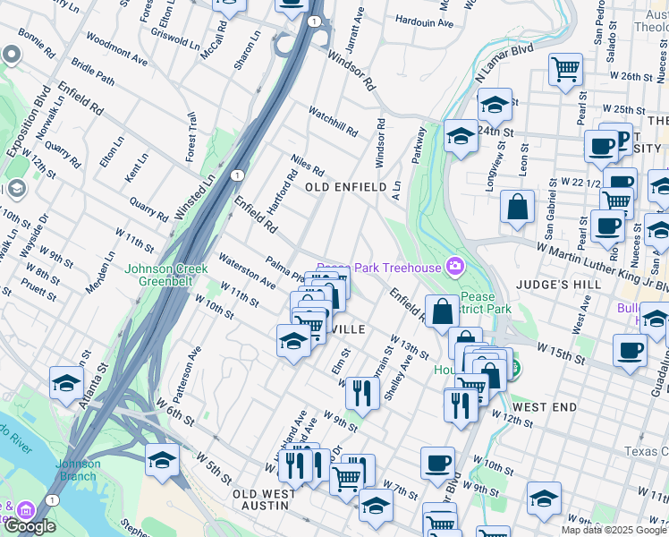 map of restaurants, bars, coffee shops, grocery stores, and more near 1524 Palma Plaza in Austin