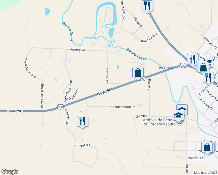 map of restaurants, bars, coffee shops, grocery stores, and more near 1892 U.S. 290 in Fredericksburg