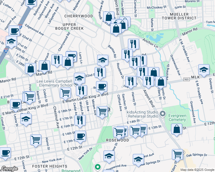 map of restaurants, bars, coffee shops, grocery stores, and more near 1909 Alexander Avenue in Austin