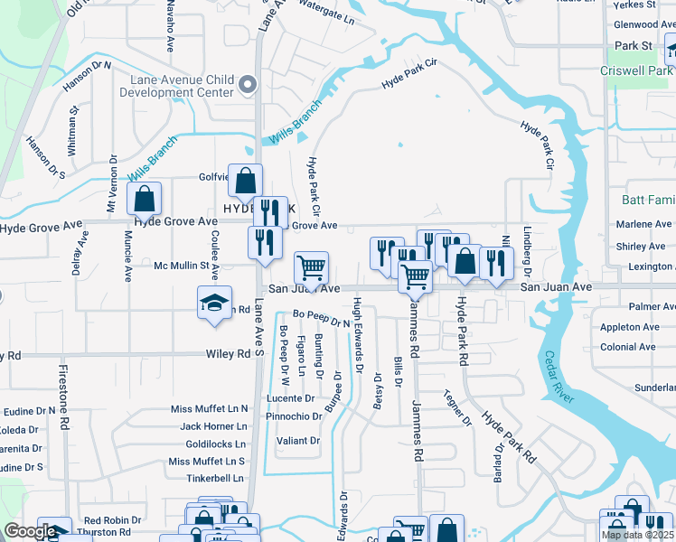 map of restaurants, bars, coffee shops, grocery stores, and more near 6530 San Juan Avenue in Jacksonville