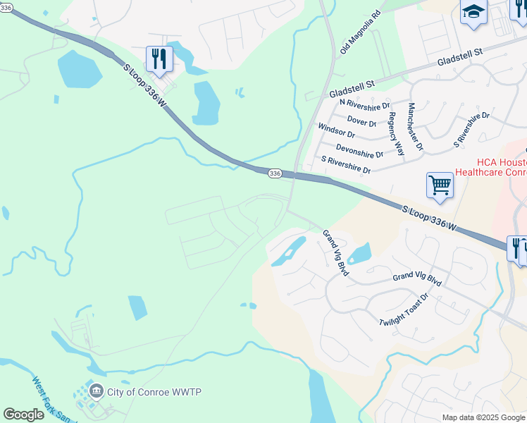 map of restaurants, bars, coffee shops, grocery stores, and more near 2275 Riverway Drive in Conroe