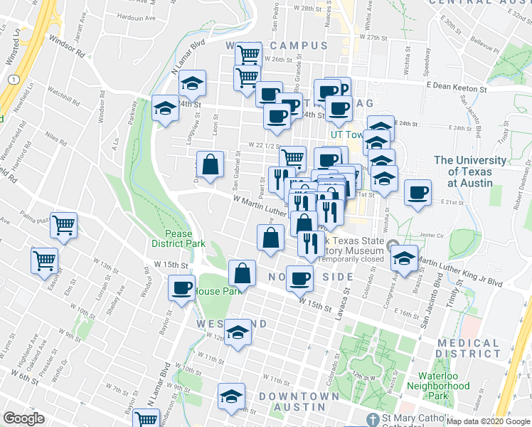 map of restaurants, bars, coffee shops, grocery stores, and more near 1801 West Avenue in Austin