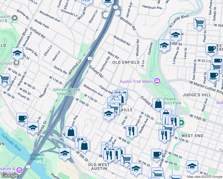 map of restaurants, bars, coffee shops, grocery stores, and more near 1614 West 14th Street in Austin