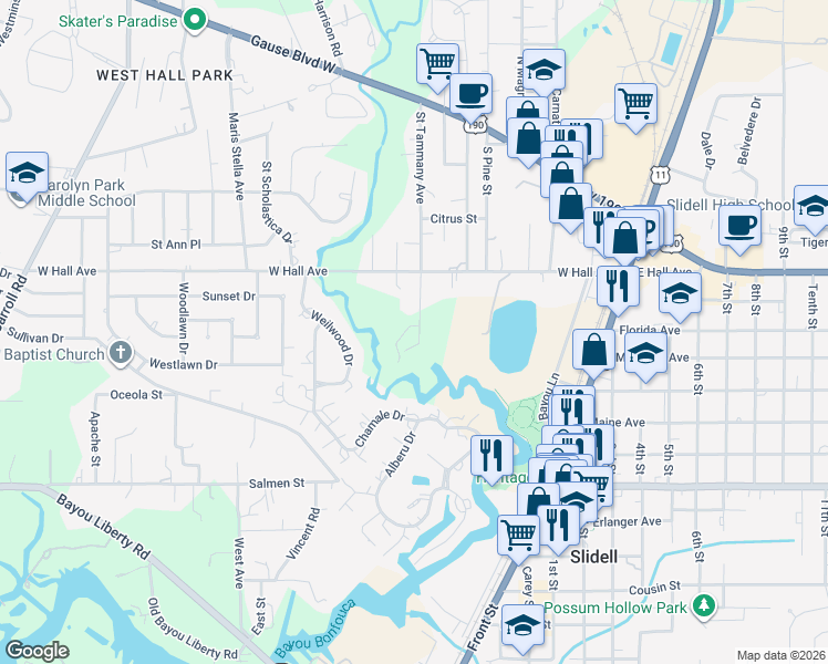 map of restaurants, bars, coffee shops, grocery stores, and more near 1517 Saint Andrews Court in Slidell