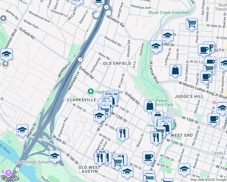map of restaurants, bars, coffee shops, grocery stores, and more near 1524 Palma Plaza in Austin