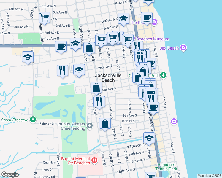 map of restaurants, bars, coffee shops, grocery stores, and more near 739 8th Street South in Jacksonville Beach