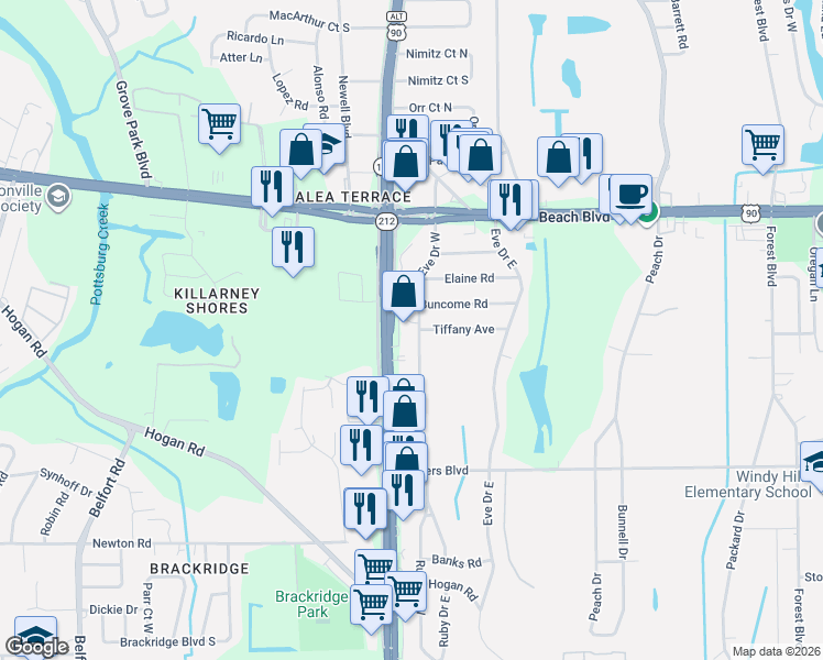 map of restaurants, bars, coffee shops, grocery stores, and more near 3528 Eve Drive West in Jacksonville