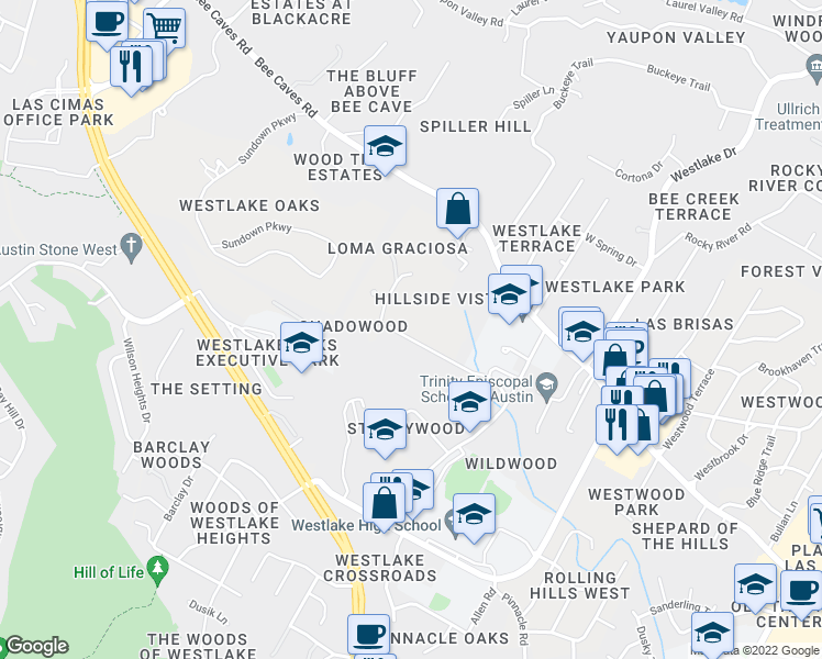 map of restaurants, bars, coffee shops, grocery stores, and more near 312 Eanes School Road in Austin