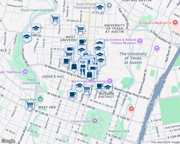 map of restaurants, bars, coffee shops, grocery stores, and more near 2000 Whitis Avenue in Austin