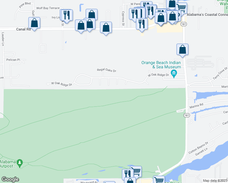 map of restaurants, bars, coffee shops, grocery stores, and more near 4014 Fleetwood Circle in Orange Beach