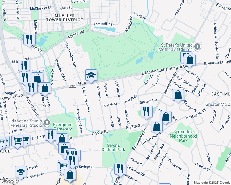 map of restaurants, bars, coffee shops, grocery stores, and more near 3905 Chase Circle in Austin