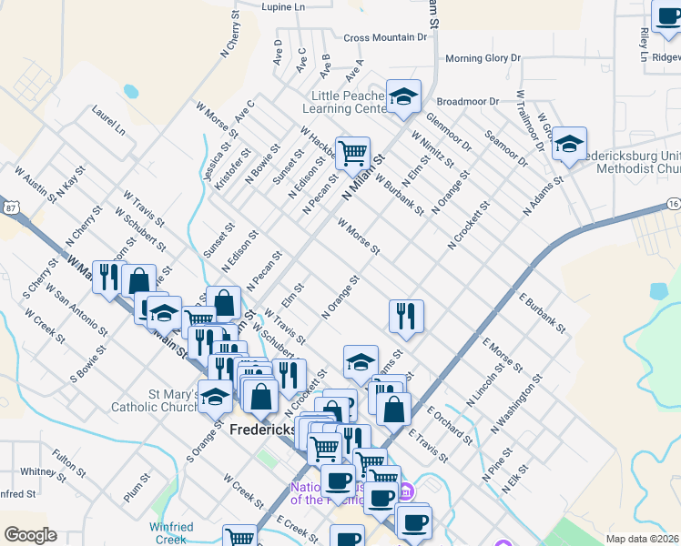 map of restaurants, bars, coffee shops, grocery stores, and more near 306 West Centre Street in Fredericksburg