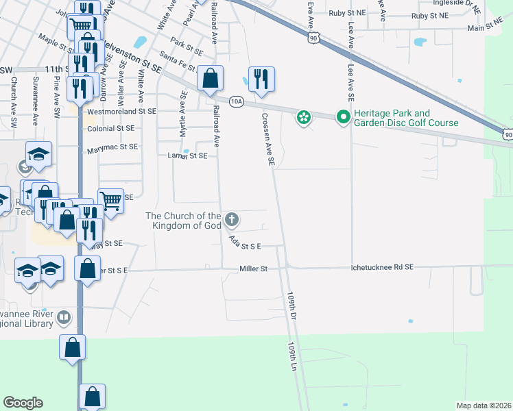 map of restaurants, bars, coffee shops, grocery stores, and more near 805 Henry Street in Live Oak
