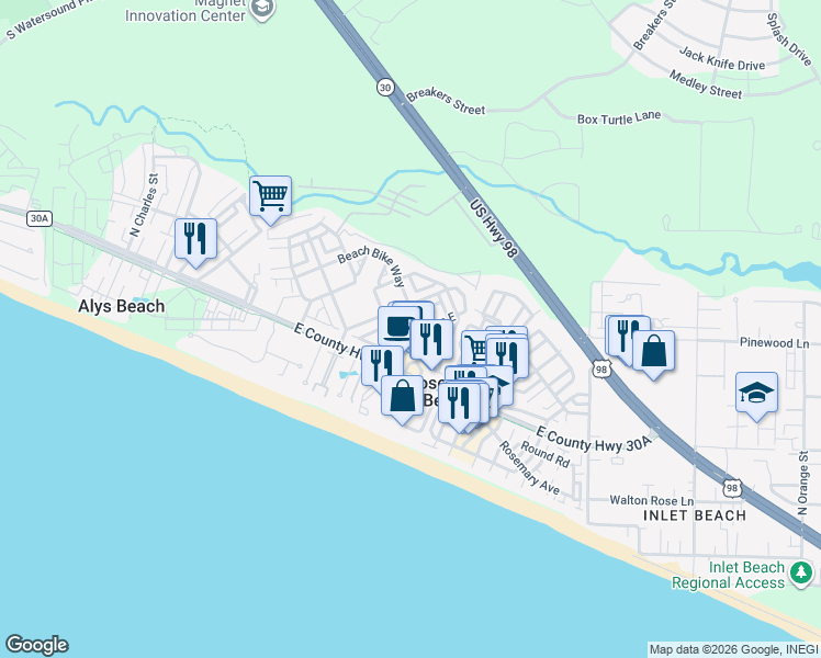 map of restaurants, bars, coffee shops, grocery stores, and more near 48 Beach Bike Way in Panama City Beach