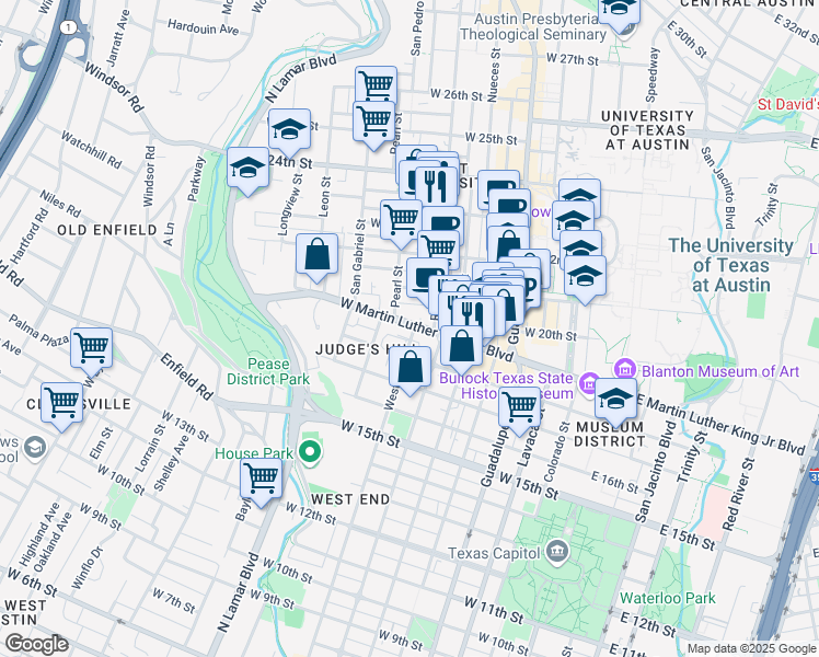 map of restaurants, bars, coffee shops, grocery stores, and more near 805 West Martin Luther King Junior Boulevard in Austin