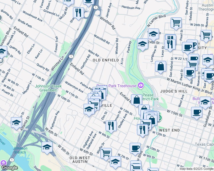 map of restaurants, bars, coffee shops, grocery stores, and more near Enfield Road & West Lynn Street in Austin