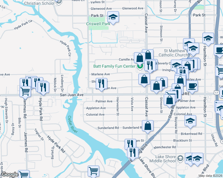 map of restaurants, bars, coffee shops, grocery stores, and more near 5210 Shirley Avenue in Jacksonville
