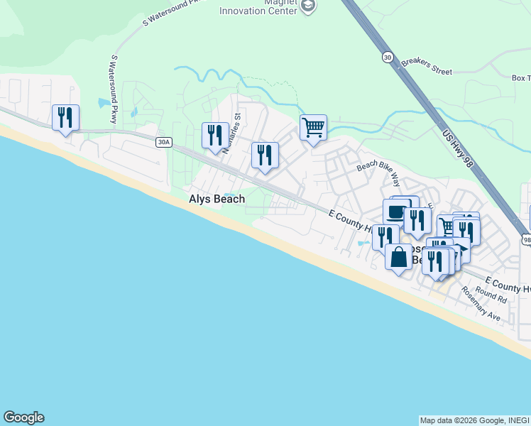 map of restaurants, bars, coffee shops, grocery stores, and more near 58 Castle Harbour Drive in Alys Beach