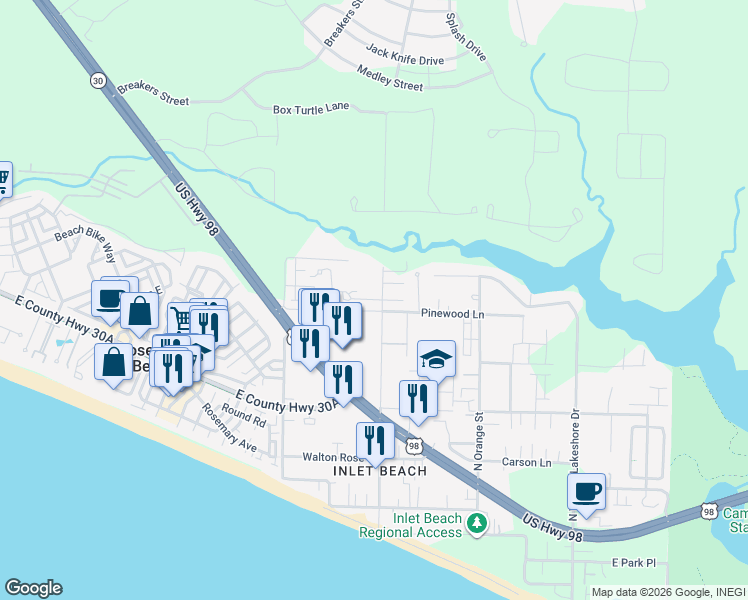 map of restaurants, bars, coffee shops, grocery stores, and more near 347 North Wall Street in Panama City Beach