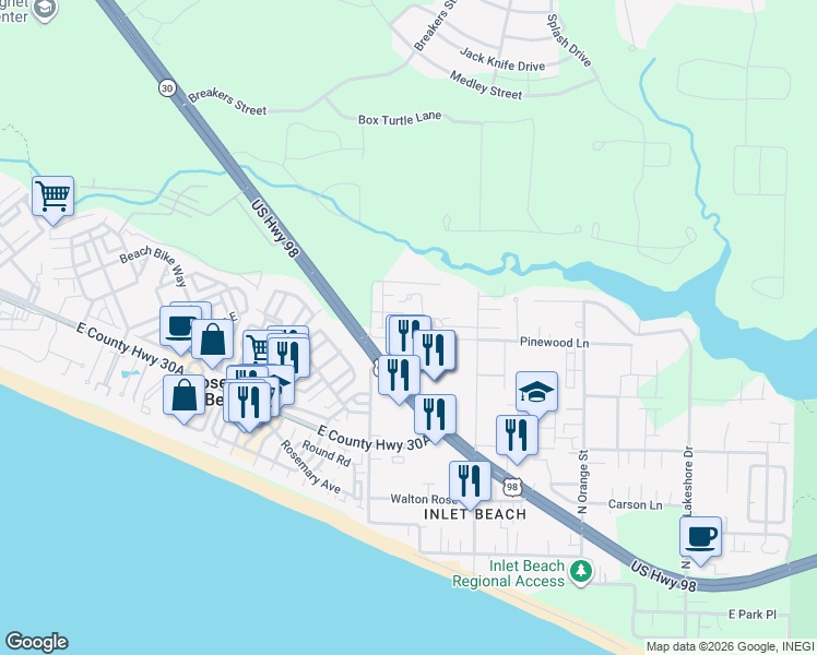 map of restaurants, bars, coffee shops, grocery stores, and more near 188 Willow Mist Road in Rosemary Beach