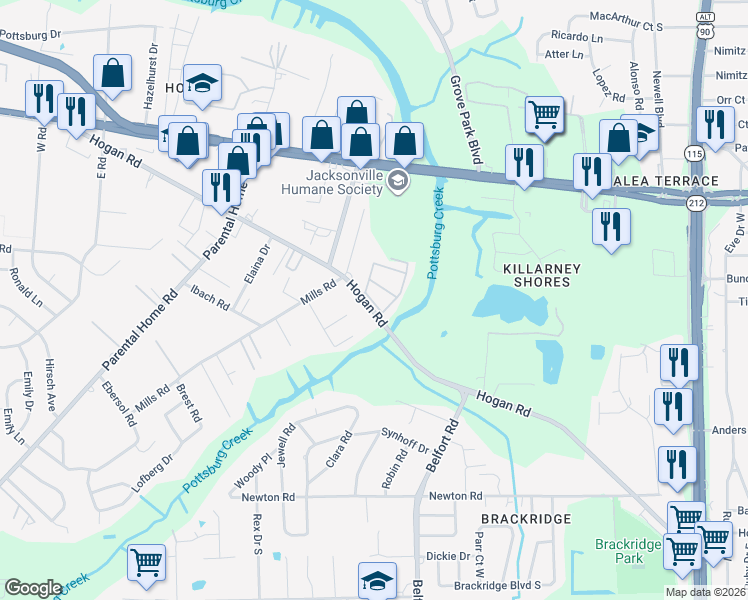 map of restaurants, bars, coffee shops, grocery stores, and more near 8343 Hogan Road in Jacksonville