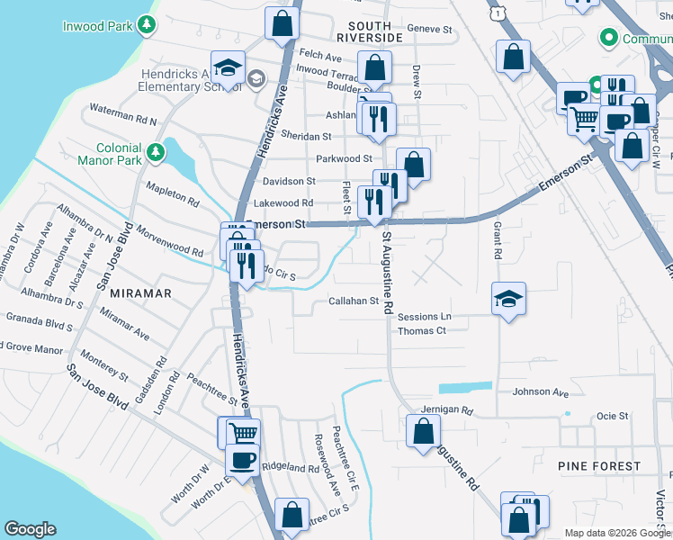 map of restaurants, bars, coffee shops, grocery stores, and more near 1704 Brooker Place in Jacksonville