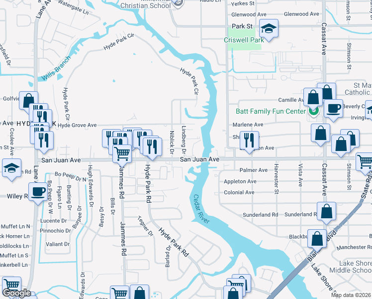 map of restaurants, bars, coffee shops, grocery stores, and more near 1845 Lindberg Drive in Jacksonville