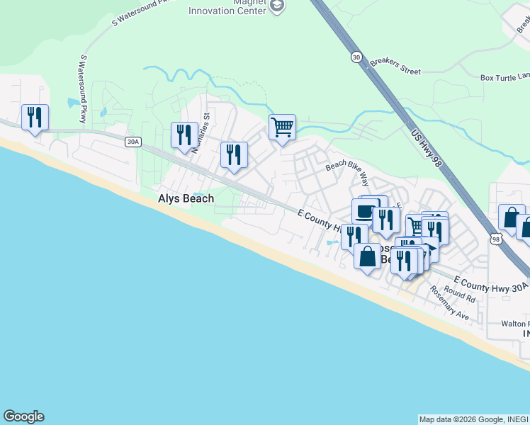 map of restaurants, bars, coffee shops, grocery stores, and more near 236 Paradise by the Sea Boulevard in Panama City Beach