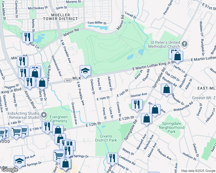 map of restaurants, bars, coffee shops, grocery stores, and more near 3903 Carmel Drive in Austin