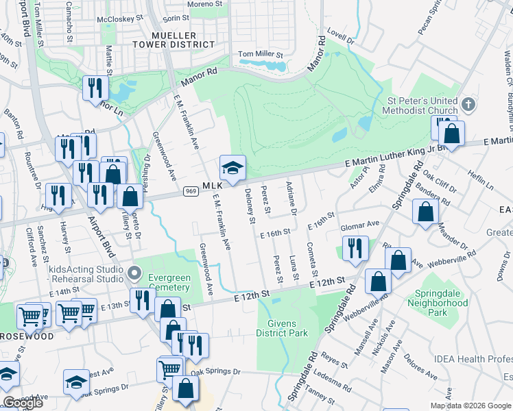 map of restaurants, bars, coffee shops, grocery stores, and more near 1805 Deloney Street in Austin
