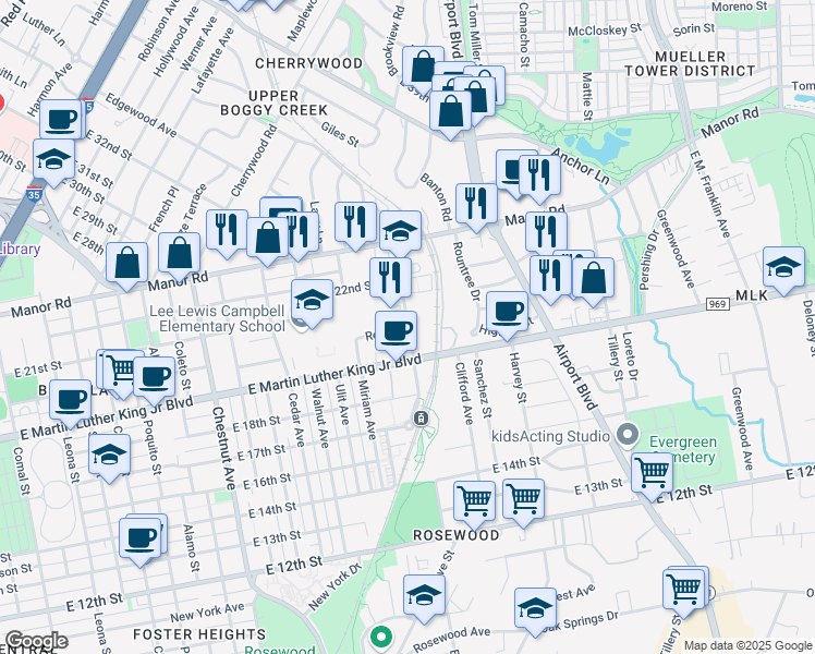 map of restaurants, bars, coffee shops, grocery stores, and more near 2100 Alexander Avenue in Austin