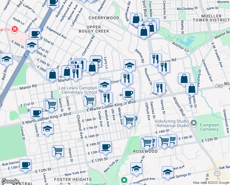 map of restaurants, bars, coffee shops, grocery stores, and more near 2805 East 22nd Street in Austin