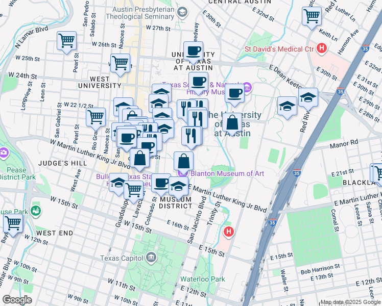 map of restaurants, bars, coffee shops, grocery stores, and more near 2100 Speedway in Austin