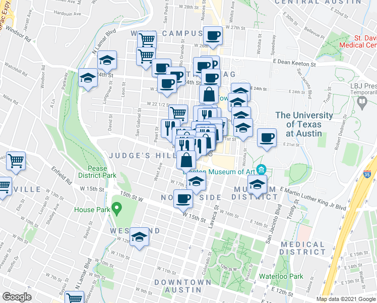 map of restaurants, bars, coffee shops, grocery stores, and more near 1912 Nueces Street in Austin