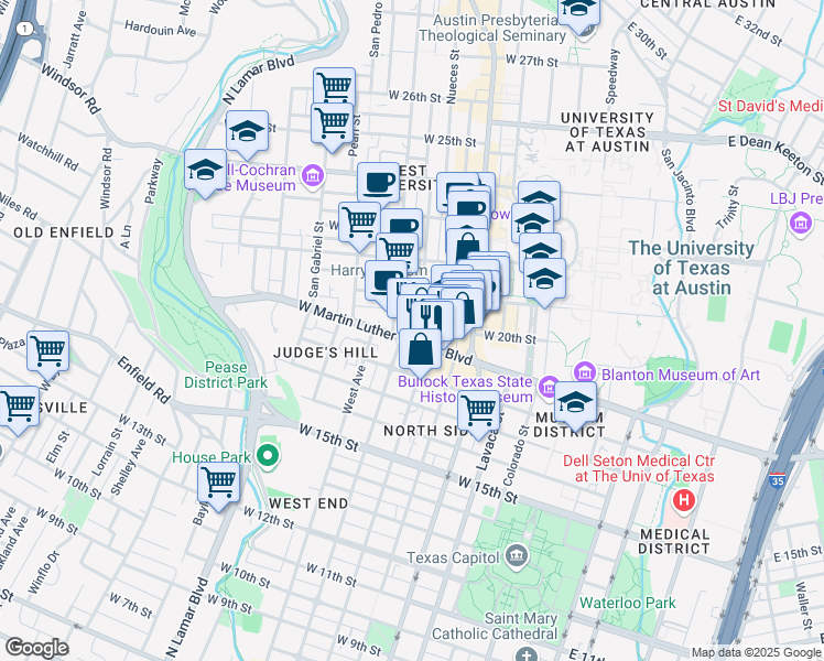map of restaurants, bars, coffee shops, grocery stores, and more near 1912 Nueces Street in Austin