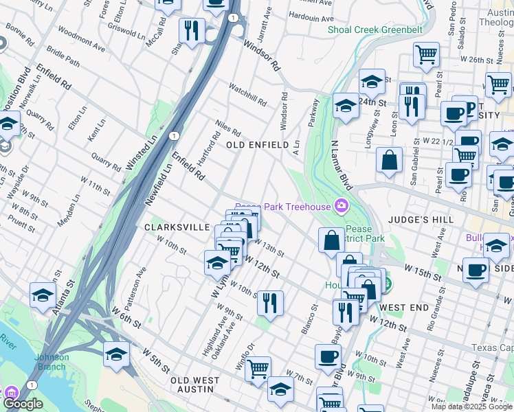 map of restaurants, bars, coffee shops, grocery stores, and more near 1504 West Lynn Street in Austin