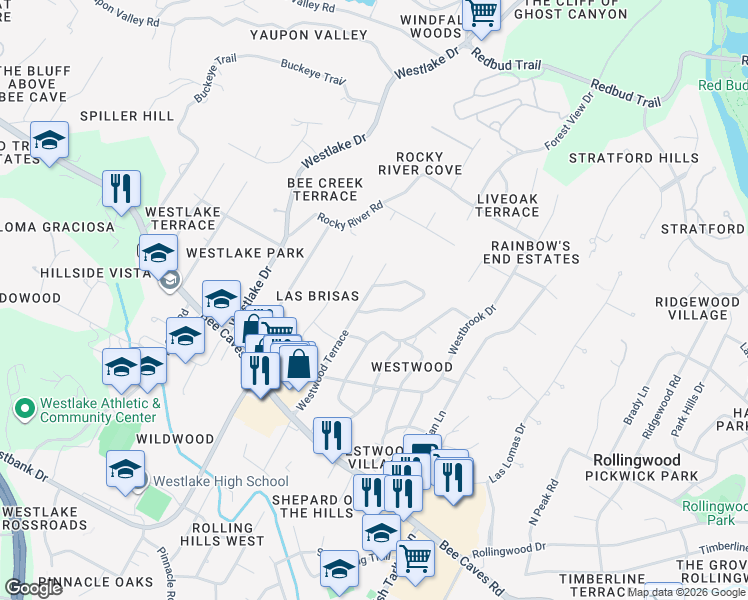 map of restaurants, bars, coffee shops, grocery stores, and more near 600 Westwood Terrace in Austin