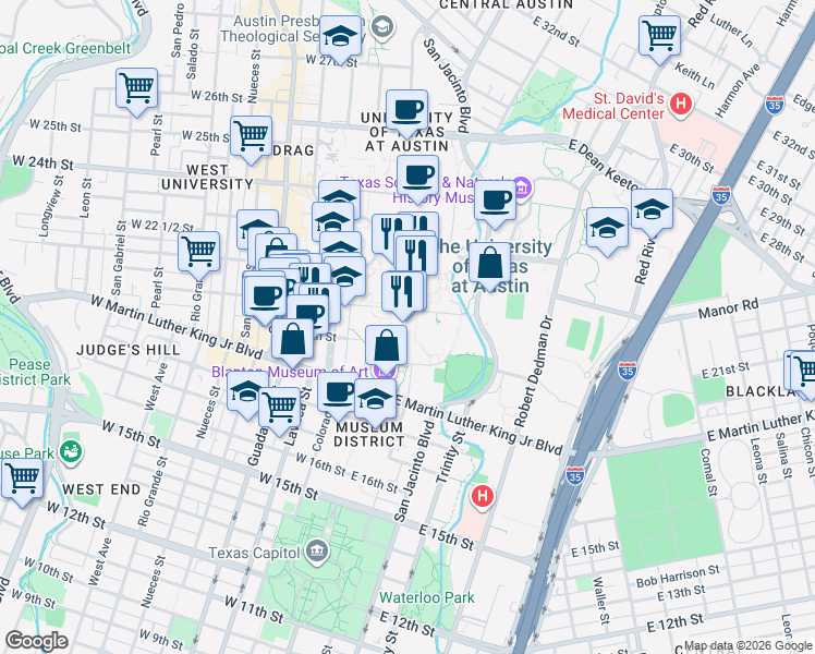 map of restaurants, bars, coffee shops, grocery stores, and more near 201 East 21st Street in Austin