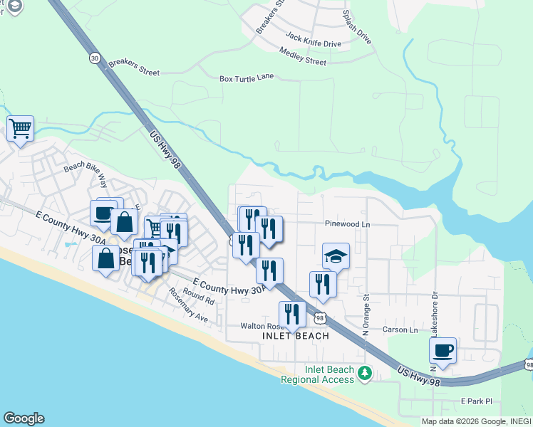 map of restaurants, bars, coffee shops, grocery stores, and more near 188 Willow Mist Road in Rosemary Beach