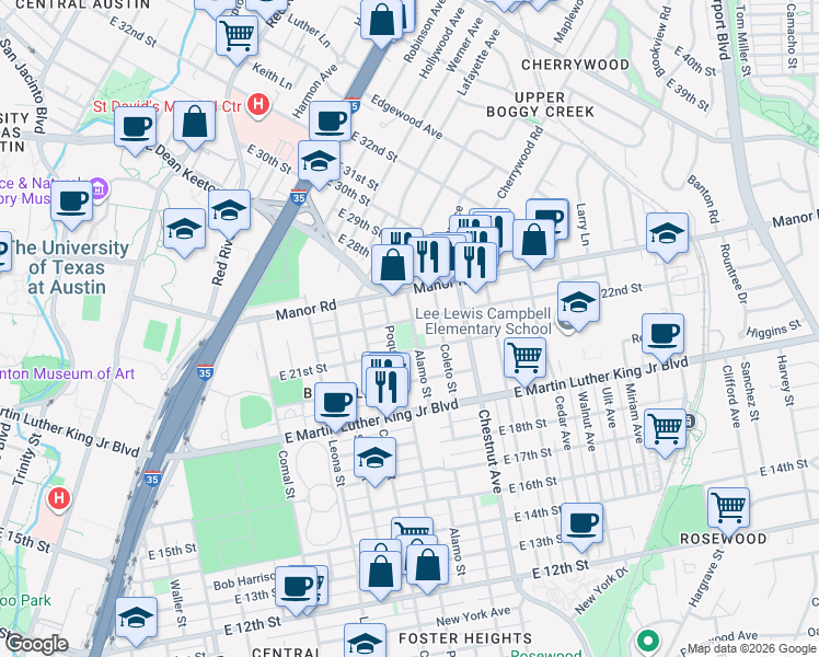 map of restaurants, bars, coffee shops, grocery stores, and more near 2100 Alamo Street in Austin