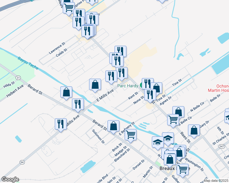 map of restaurants, bars, coffee shops, grocery stores, and more near 450 East Mills Avenue in Breaux Bridge