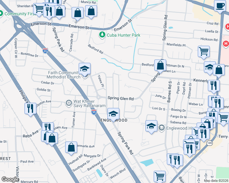 map of restaurants, bars, coffee shops, grocery stores, and more near 4115 Glenview Road in Jacksonville