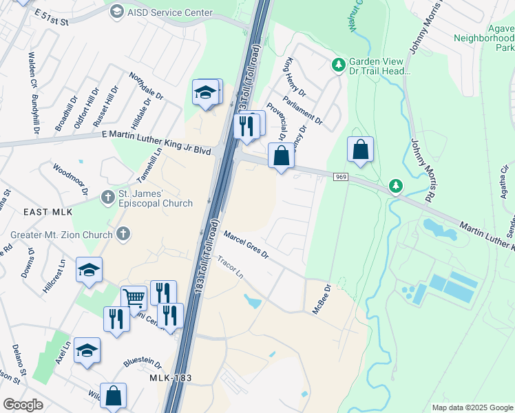 map of restaurants, bars, coffee shops, grocery stores, and more near 6121 Farm to Market 969 in Austin