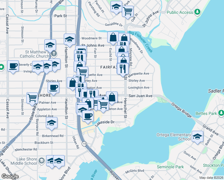 map of restaurants, bars, coffee shops, grocery stores, and more near 1917 Euclid Street in Jacksonville