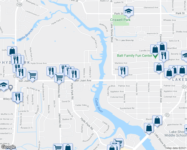 map of restaurants, bars, coffee shops, grocery stores, and more near 1845 Lindberg Drive in Jacksonville