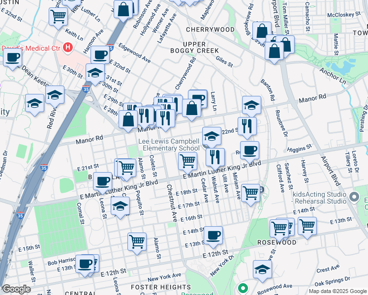 map of restaurants, bars, coffee shops, grocery stores, and more near 2107 Maldon Place in Austin