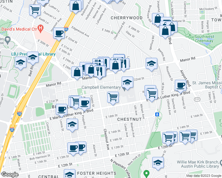 map of restaurants, bars, coffee shops, grocery stores, and more near 2100 Maldon Place in Austin