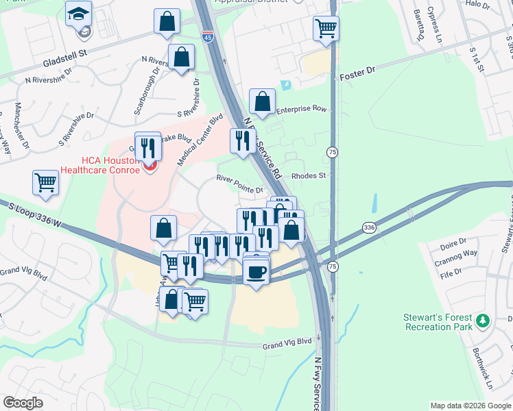 map of restaurants, bars, coffee shops, grocery stores, and more near 201 River Pointe Drive in Conroe